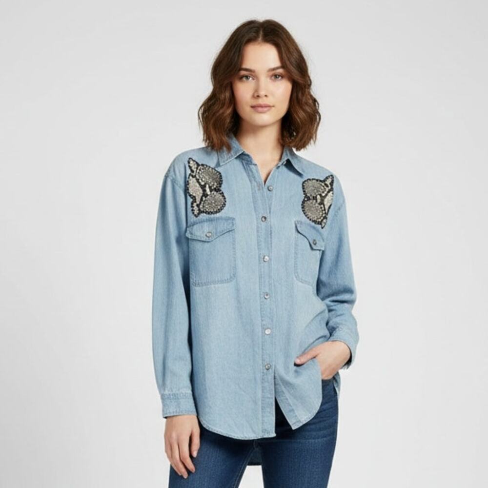Vintage Robin Berry Western Blue Denim Shirt Faux Snake Skin Panels Size Large